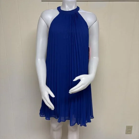 Vintage Y2K Betsey Johnson Halter Dress Womens 4 Royal Blue Pleated Mini  Aline